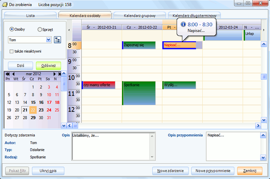 System Berberis ERP CRM BPM - kalendarz osobisty